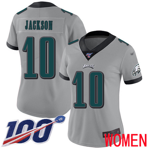 Women Philadelphia Eagles #10 DeSean Jackson Limited Silver Inverted Legend NFL Jersey 100th Season->women nfl jersey->Women Jersey